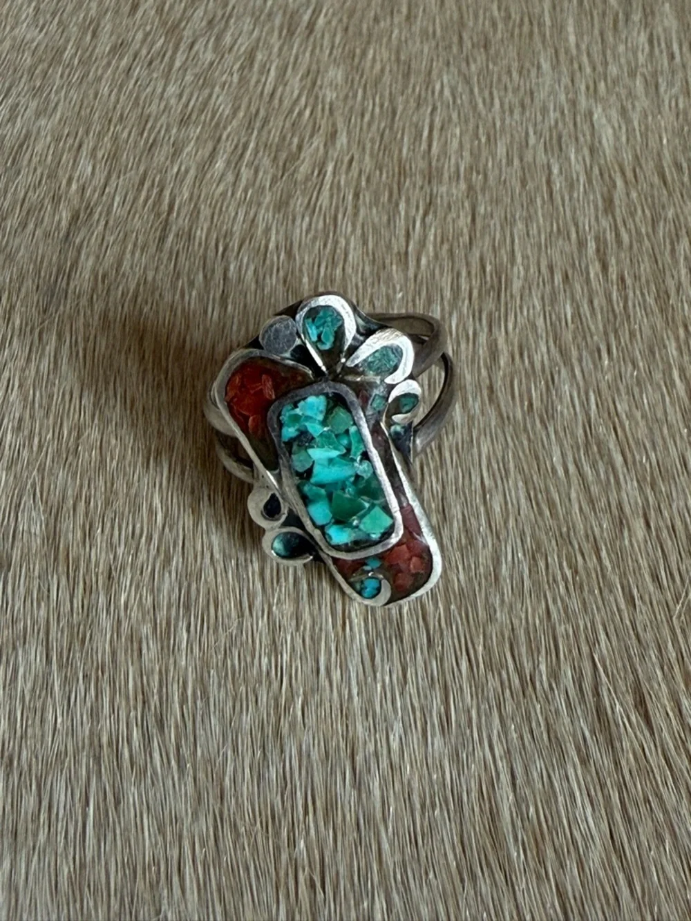 Sterling Silver Turquoise & Coral Inlay Ring - Women's Jewelry - Picture 4 of 8